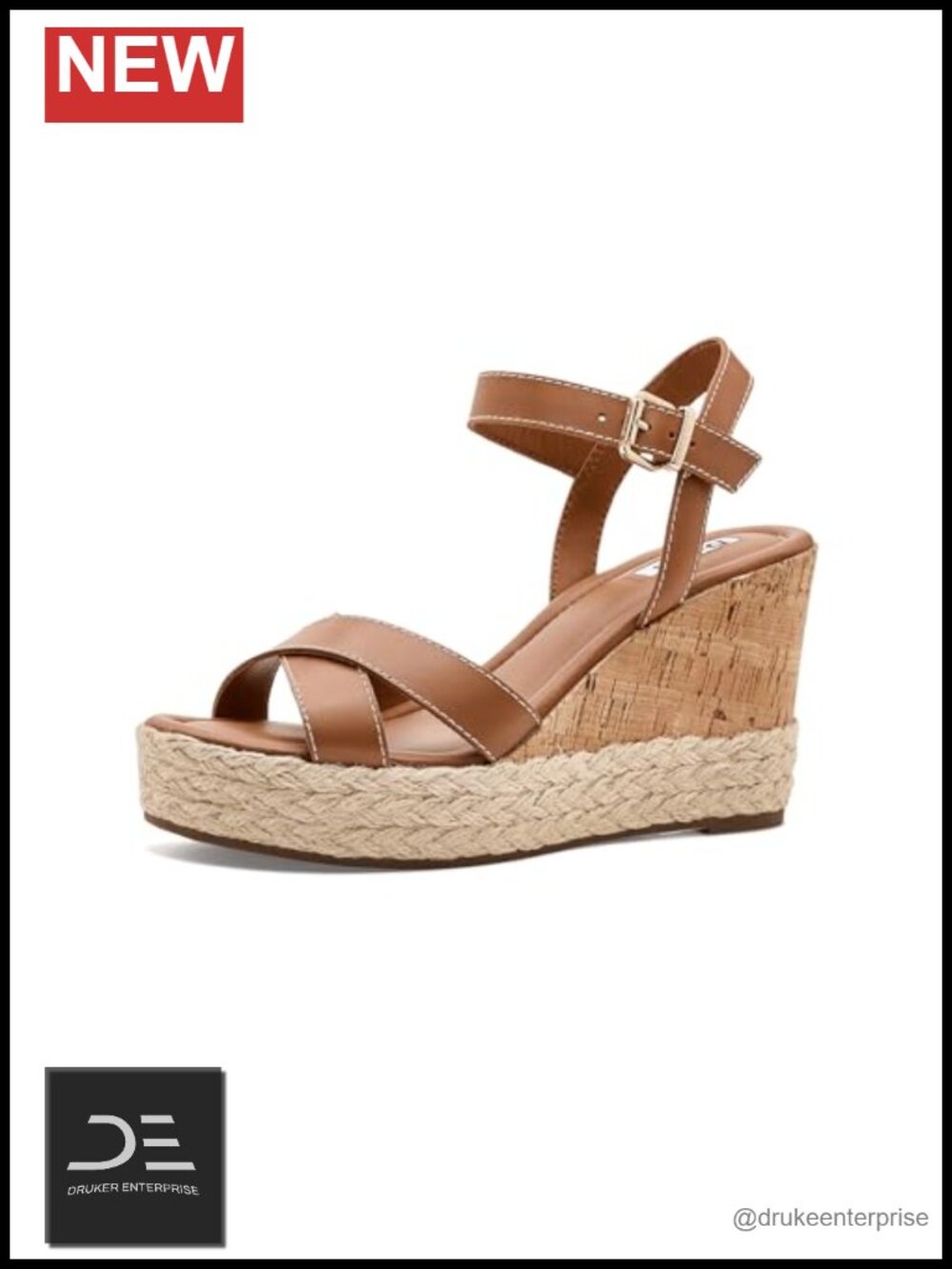 Leather Open Toe Wedge Sandals with Ankle Strap Buckle